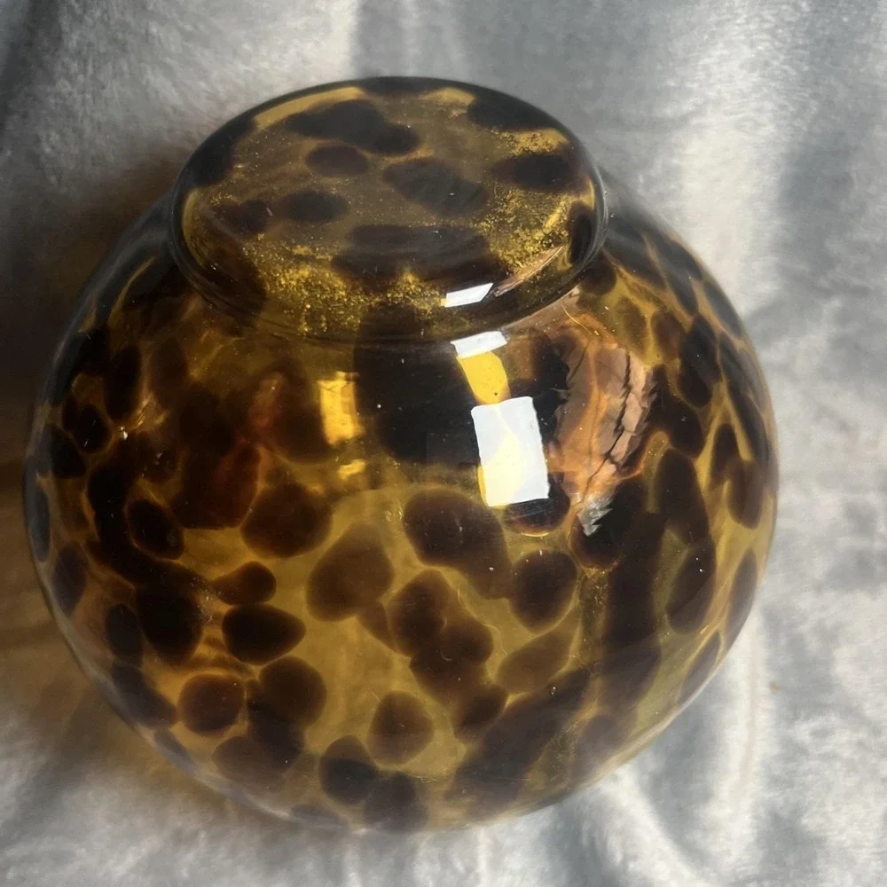 Tortoise Shell Glass Vase Amber Brown Fishbowl Leopard Spots MCM 7in